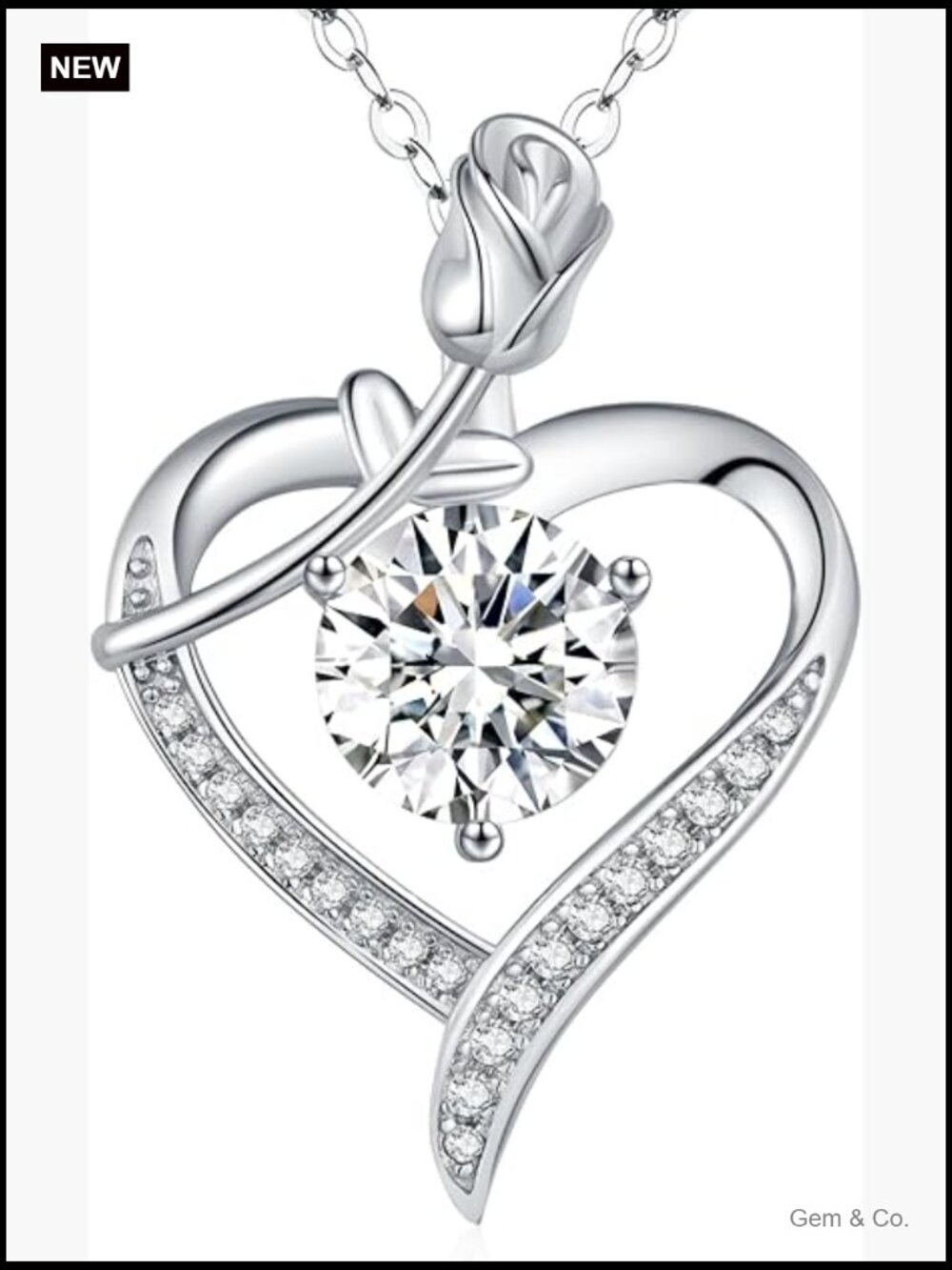 Rose Heart Pendant Necklace Moissanite 925 Sterling Silver 20 Inch